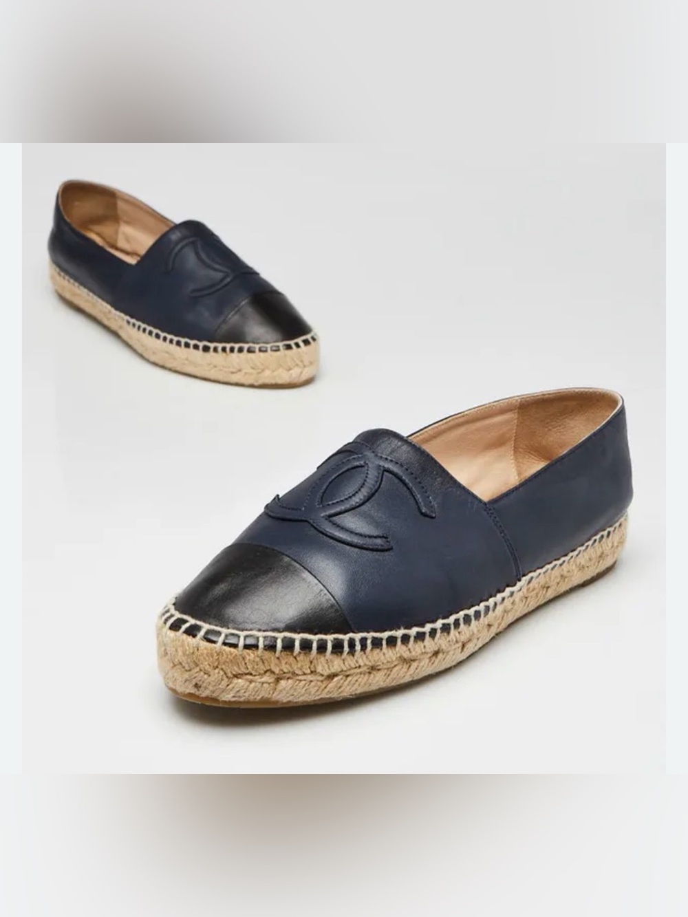 Chanel Navy and Black Leather Espadrille Loafers - Picture 1 of 6